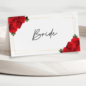 Plantilla de tarjeta de lugar roja y dorada, tarjeta de nombre de boda con rosas rojas y borde dorado, tarjetas de lugar de fiesta editables, tarjetas de nombre de mesa, descarga de plantillas