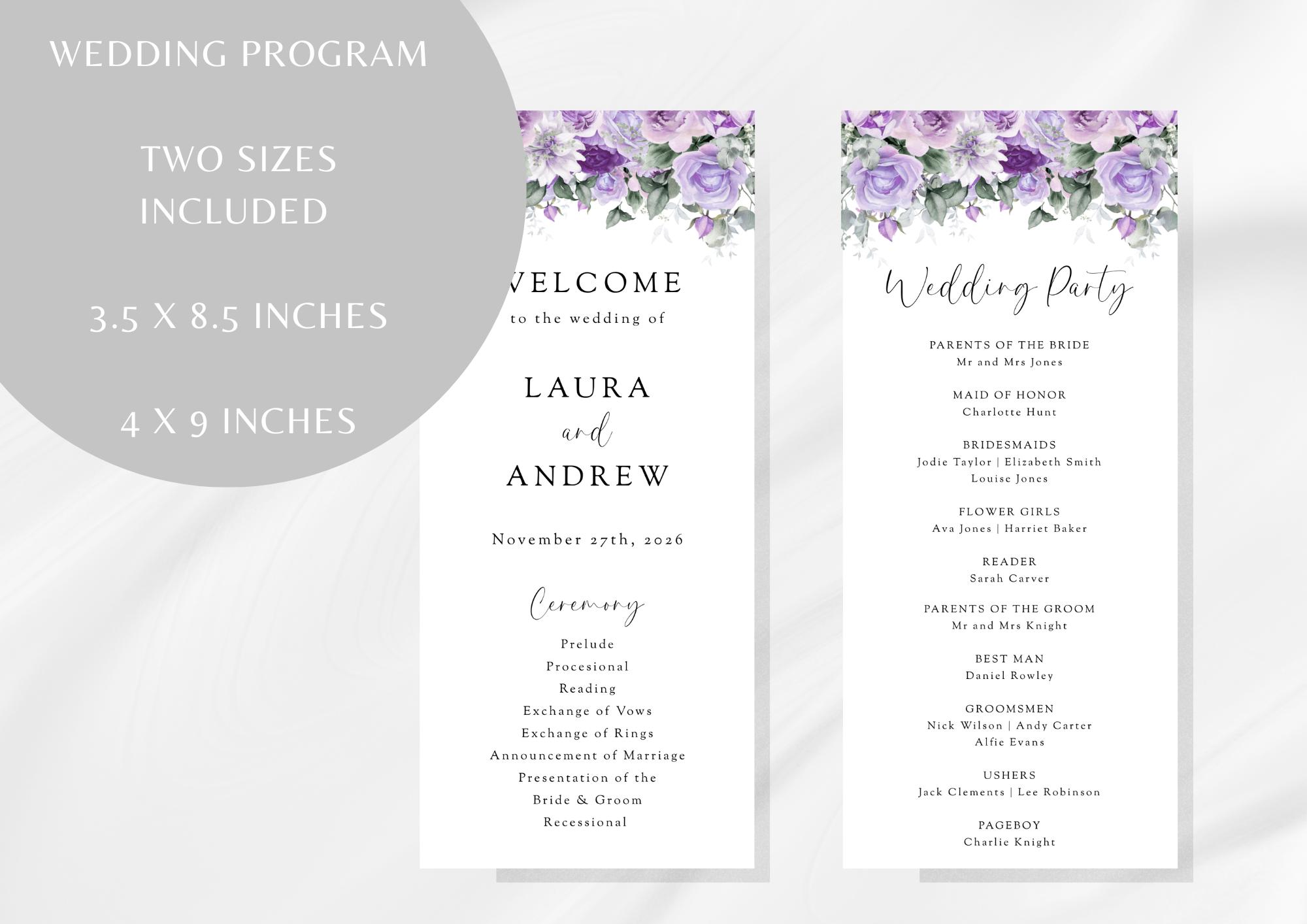 Purple Floral Wedding Program Template: Lilac Greenery, DIY Printable ...