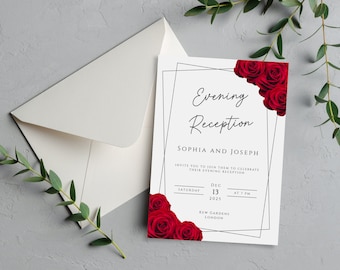 Red rose evening reception invitation template, red and black border printable diy wedding reception, double sided editable invite #BL2