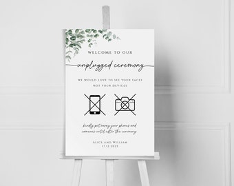 Unplugged ceremony welcome sign template, eucalyptus wedding printable no devices sign, crossed no phones or cameras, editable download #BL9