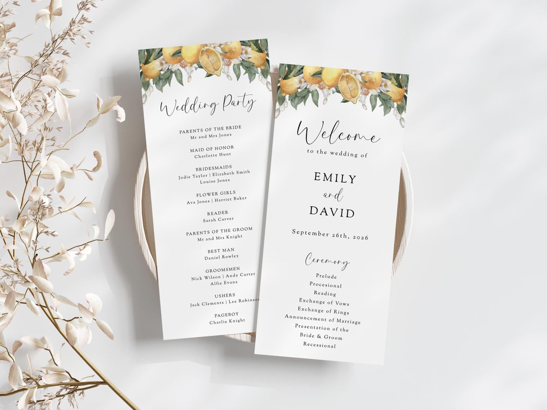 Lemon Wedding Program Template: Greenery Ceremony, Tall Double Sided ...