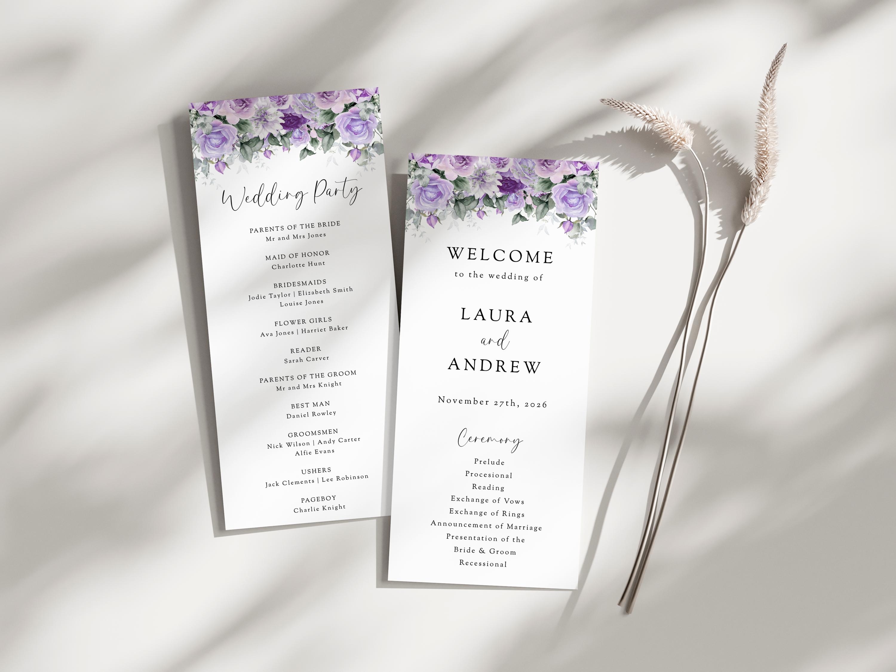 Purple Floral Wedding Program Template: Lilac Greenery, DIY Printable ...