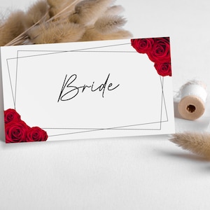 Plantilla de tarjeta de lugar de boda con rosa roja, tarjeta de nombre roja y negra, tarjetas de lugar de fiesta rojas editables, tarjetas de nombre de mesa de evento, descarga de templett BL2