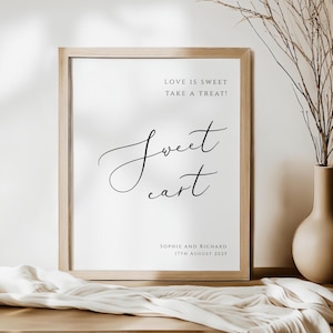 Sjabloon bruiloft lief winkelwagentje, elegant schrift liefde is zoet neem een traktatie afdrukbaar bord, klassiek en traditioneel, bewerkbare download #BL10