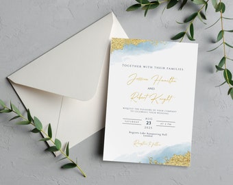 Blue and gold wedding invitation template, dusty blue watercolour and gold invite, printable wedding 5 x 7 invite, editable download