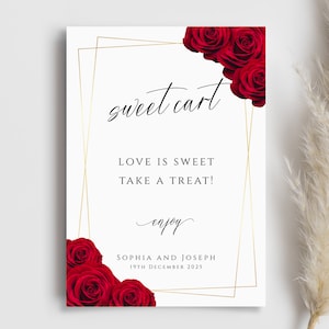 Wedding sweet cart sign template, red and gold printable love is sweet take a treat sign, diy roses & gold border, editable download #BL6