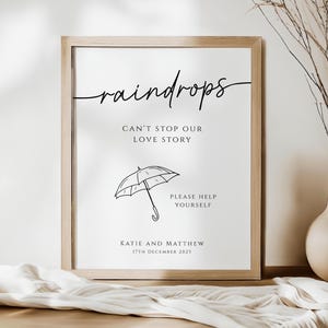 Wedding umbrella icon sign template, simple raindrops can&#39;t stop our love story printable sign, diy party, editable Templett download #BL46