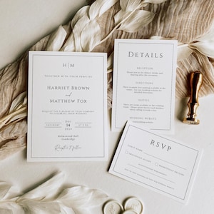 May include: A wedding invitation suite featuring a main invitation, details card, and RSVP card. The cards are white with black text and a simple border. The main invitation includes the names Harriet Brown and Matthew Fox, with the date December 14, 2024.