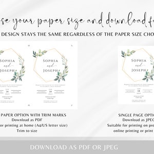 Eucalyptus wedding invitation template, greenery and gold frame printable wedding, green and gold 5 x 7 invite, editable download image 6