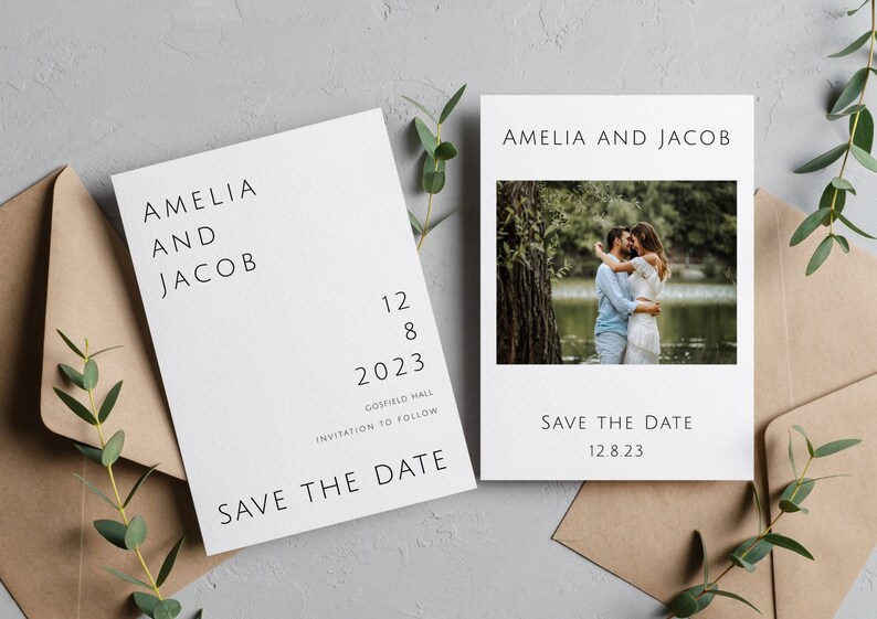 Modern save the date invitation, printable wedding save our date template, add your own photo, double sided editable download, templett image 1