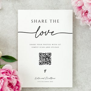 Share the love QR code sign template, wedding photo sign printable, simple wedding photo scan and share diy sign, editable download #BL46