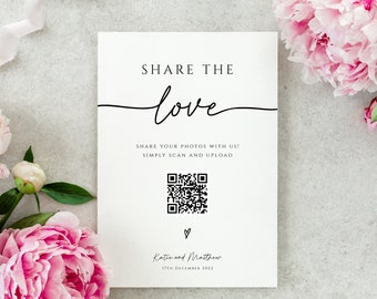 Share the love QR code sign template, wedding photo sign printable, simple wedding photo scan and share diy sign, editable download #BL46