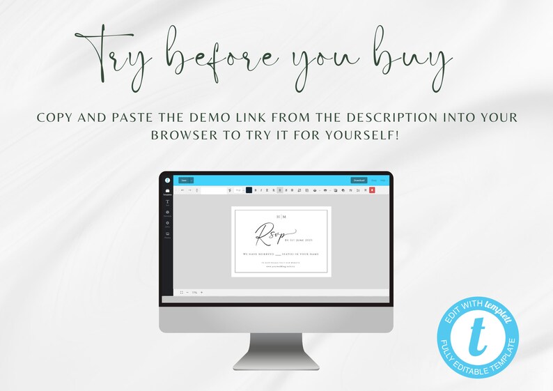 May include: A computer screen displaying a wedding RSVP template with the text "RSVP" in a cursive font. The template is editable using a web-based editor. The text "Edit with templet" is visible in the lower right corner of the image.