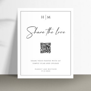 Teilen Sie die Liebe QR-Code-Zeichen Vorlage, Hochzeitsmonogramm Fotozeichen, eleganter Fotoscan und Teilen Sie das druckbare Zeichen, editierbarer Download #BL51