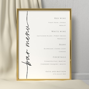 Hochzeit Bar Menü Vorlage, einfaches Getränke Menü Schild, druckbare moderne Event Bar Menü Karte, minimalistisches diy Menü Schild, bearbeitbarer Download #BL46