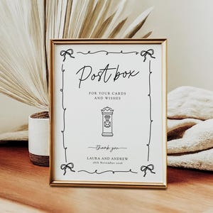 Modello moderno per cartello postale per matrimonio, cartello con bordo ondulato a fiocco per biglietti e regali, stampabile fai da te in bianco e nero, download modificabile di Templett #BL28