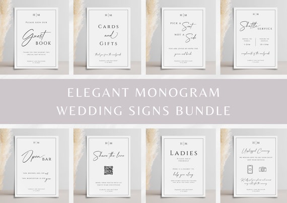 Monogram wedding signs bundle, diy wedding printable templates, elegant wedding venue signs, classic black border, editable download #BL51