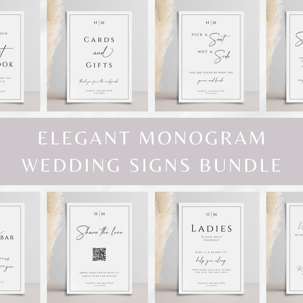 Monogram wedding signs bundle, diy wedding printable templates, elegant wedding venue signs, classic black border, editable download #BL51