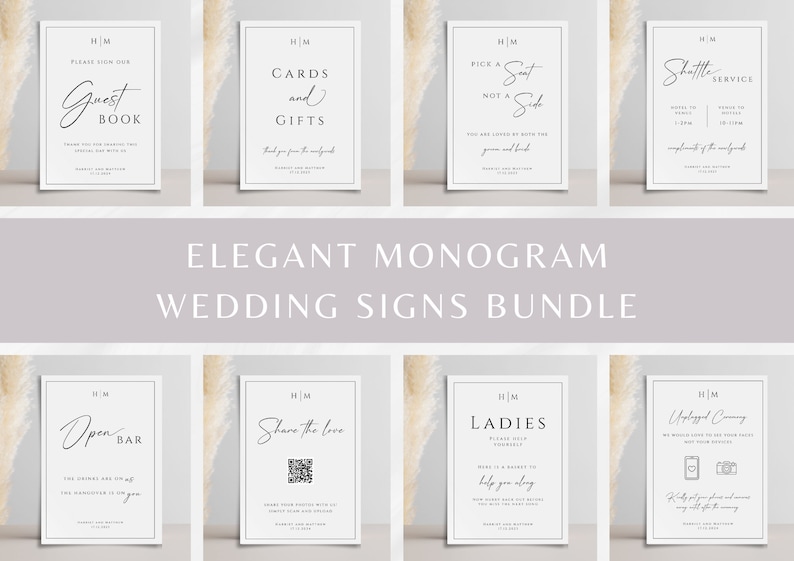 May include: A set of ten printable wedding signs with a minimalist design. The signs feature a simple black and white color scheme with a handwritten font. The signs include text such as "Guest Book", "Cards and Gifts", "Pick a Seat Not a Side", "Shuttle Service", "Open Bar", "Share the Love", "Ladies", and "Unplugged Ceremony".