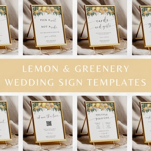 May include: Gold framed wedding sign templates with lemon and greenery designs. Signs include text such as "Ladies", "Pick a seat not a side", "Cards and gifts", "Guestbook", "Dancing feet", "Share the love", "Shuttle service", and "Unplugged ceremony".