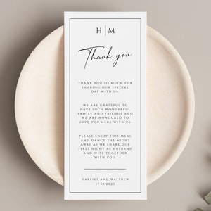 Monogram thank you place card template, place setting thank you, black border wedding thank you meal card printable, editable download BL51 image 1