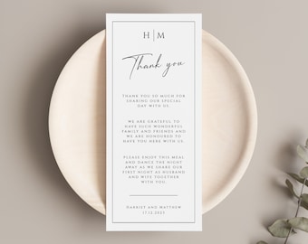 Monogram thank you place card template, place setting thank you, black border wedding thank you meal card printable, editable download #BL51