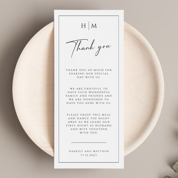 Monogram thank you place card template, place setting thank you, black border wedding thank you meal card printable, editable download #BL51