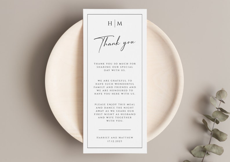 Monogram thank you place card template, place setting thank you, black border wedding thank you meal card printable, editable download BL51 image 1