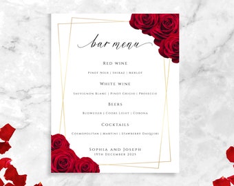 Red and gold wedding bar menu template, printable red rose drinks menu sign, gold border event bar menu card, diy editable download #BL6