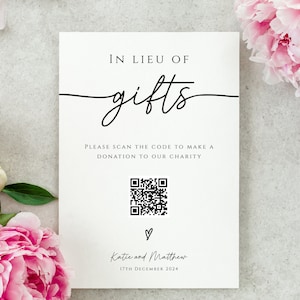 En lugar de regalos, plantilla de signo de código QR, tarjeta de boda en lugar de regalos imprimible, signo de bricolaje de donación de boda simple, descarga editable #BL46