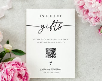 In lieu of gifts QR code sign template, wedding in lieu of gifts card printable, simple wedding donation diy sign, editable download #BL46