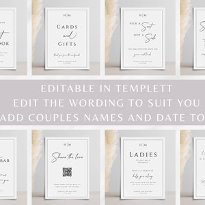 May include: Eight white signs with black text and borders. The signs are for a wedding and include information such as "Guest Book", "Cards and Gifts", "Pick a Seat Not a Side", "Shuttle Service", "Open Bar", "Share the Love", "Ladies", and "Unplugged Ceremony".