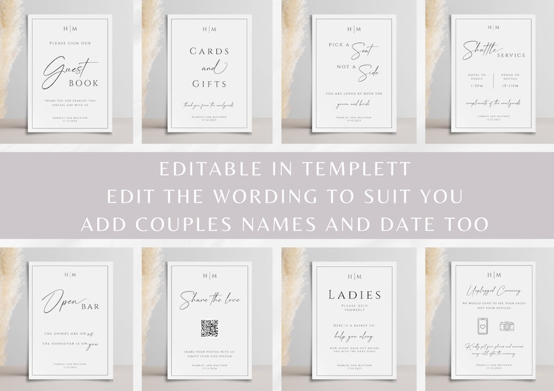May include: Eight white signs with black text and borders. The signs are for a wedding and include information such as "Guest Book", "Cards and Gifts", "Pick a Seat Not a Side", "Shuttle Service", "Open Bar", "Share the Love", "Ladies", and "Unplugged Ceremony".