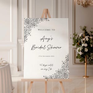 Bridal shower welcome sign template, black and white floral editable welcome sign, printable bridal shower sign, white flower diy event sign