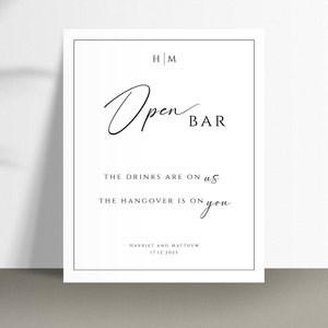 Open bar sign template, monogram wedding open bar printable sign, drinks are on us, modern diy wedding sign, editable download #BL51