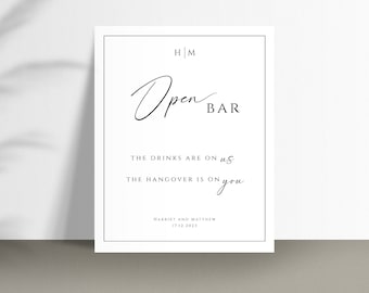 Open bar sign template, monogram wedding open bar printable sign, drinks are on us, modern diy wedding sign, editable download #BL51