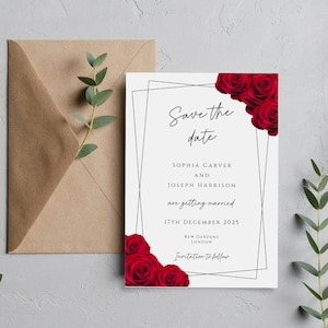 Red and black save the date invitation template, red rose wedding save our date printable invite, black border 5x7 editable download #BL2