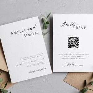 Modern wedding invitation template, upload your QR code, double sided printable invitation, diy wedding, minimalist editable invite #BL46