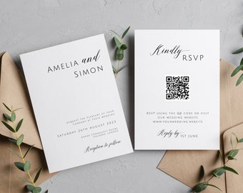 Modern wedding invitation template, upload your QR code, double sided printable invitation, diy wedding, minimalist editable invite #BL46