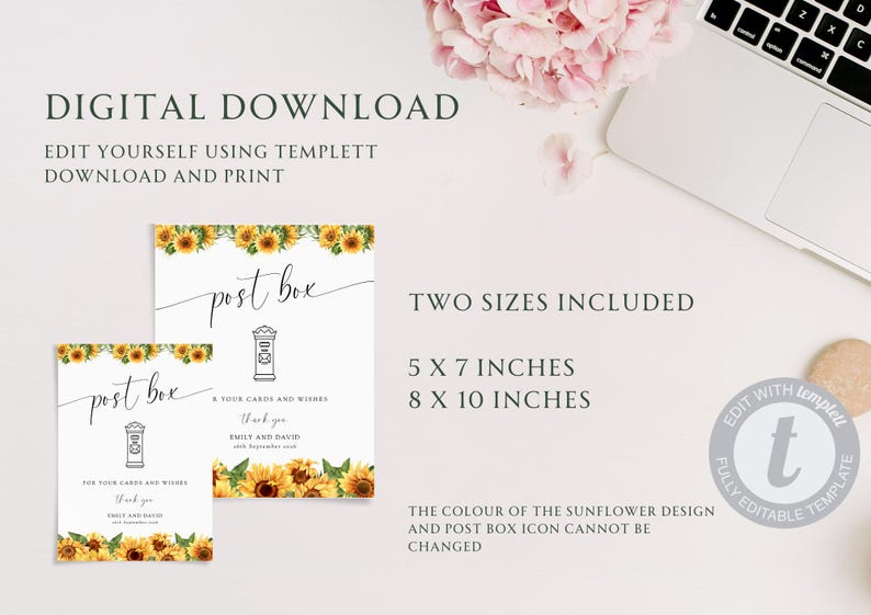 Sunflower Wedding Post Box Sign Template: Printable Cards and Gifts 5x7 ...