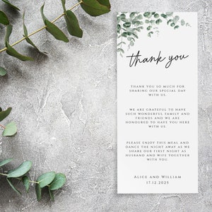 Modello di segnaposto di ringraziamento in eucalipto, cornice per matrimonio di ringraziamento, biglietto pasto verde stampabile, nota tovagliolo, download modificabile #BL9