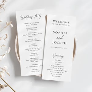 May include: Two white wedding programs with black calligraphy. One details the wedding party, including the bride and groom's parents, bridesmaids, and groomsmen. The other welcomes guests to Sophia and Joseph's wedding on December 17th, 2024, with the ceremony schedule.