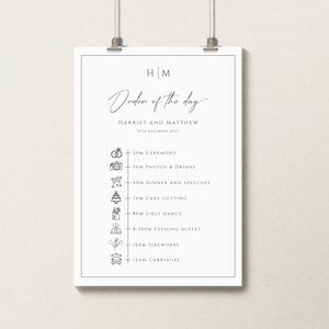 Modèle de signe monogramme de l&#39;ordre du jour de mariage, grande chronologie de mariage avec icônes, signe d&#39;icône d&#39;itinéraire de jour de mariage, téléchargement modifiable # BL51