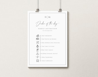 Monogram wedding order of the day sign template, large wedding timeline with icons, wedding day itinerary icon sign, editable download #BL51