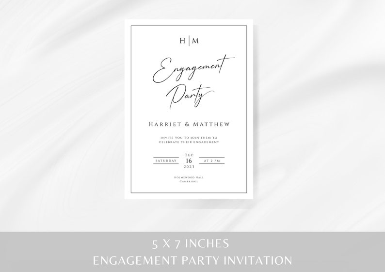 Monogram engagement invitation template, modern engagement party invite, black border printable diy invitation, editable download BL51 image 4