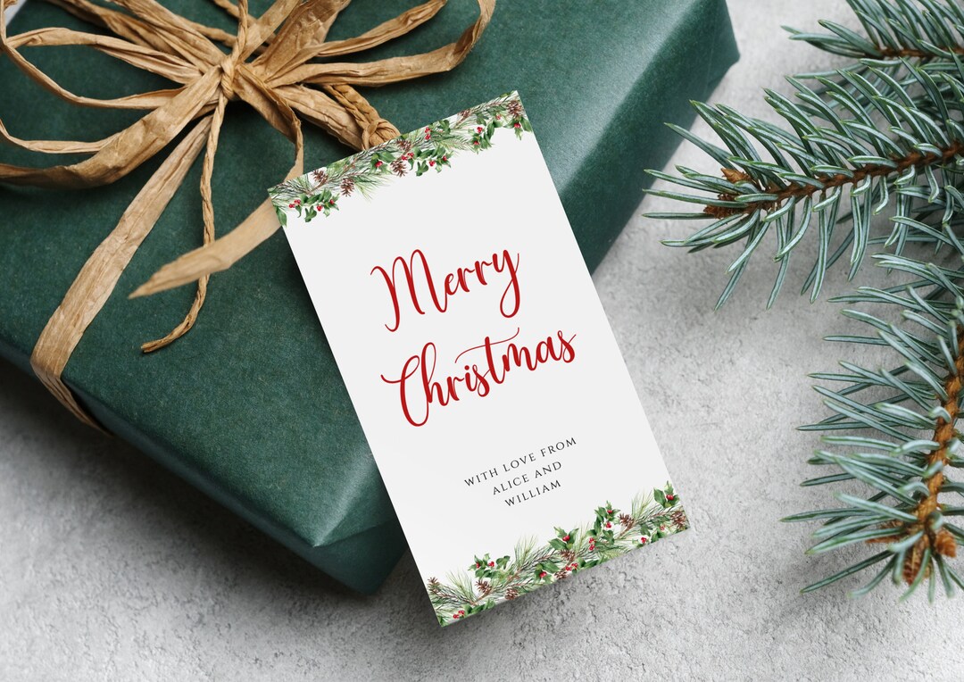 Christmas Holly Gift Tag Template, Printable Winter Greenery Party Tags ...