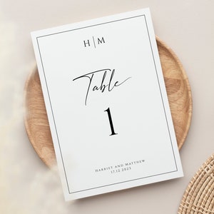Signo de plantilla de número de mesa de monograma, signos de número de mesa de boda, decoración de mesa elegante imprimible, descarga editable en blanco y negro #BL51