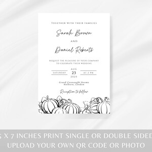 Fall wedding invitation template, black and white autumn pumpkin wedding invite, minimalist pumpkin outline printable & editable invitation image 5