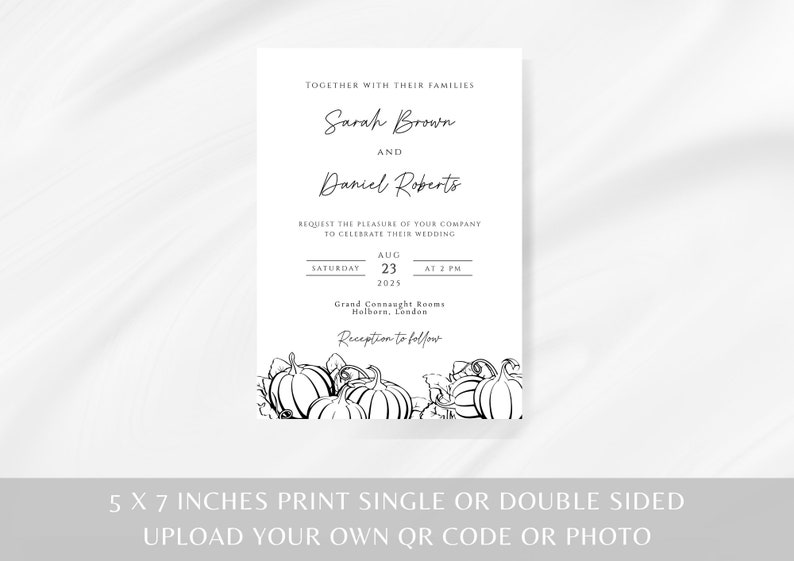 Fall wedding invitation template, black and white autumn pumpkin wedding invite, minimalist pumpkin outline printable & editable invitation image 5