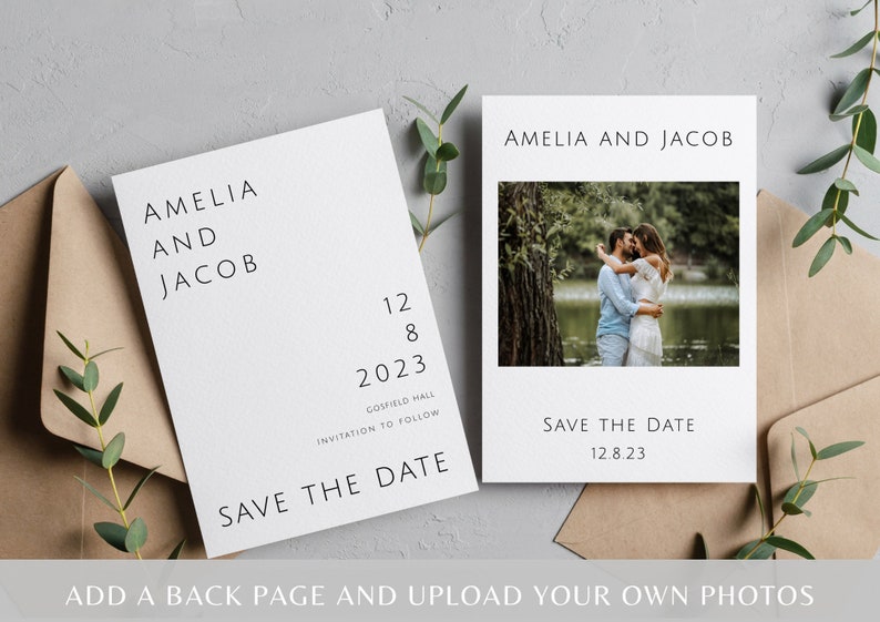 Modern save the date invitation, printable wedding save our date template, add your own photo, double sided editable download, templett image 5